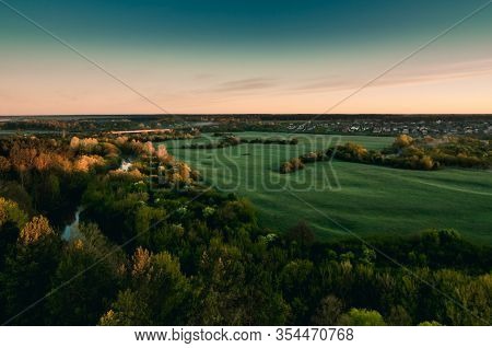Sunrise. Morning Aerial View In The Meadows.