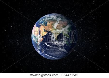 Planet Earth In The Starry Sky Of Solar System In Space. This Image Elements Furnished By Nasa.