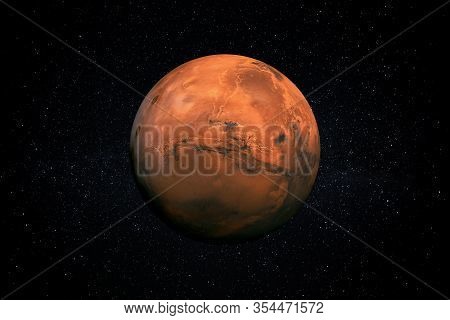 Planet Mars In The Starry Sky Of Solar System In Space. This Image Elements Furnished By Nasa.