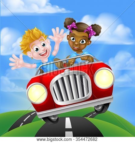 Cartoon Boy And Girl Having Fun Driving Car On A Road Trip