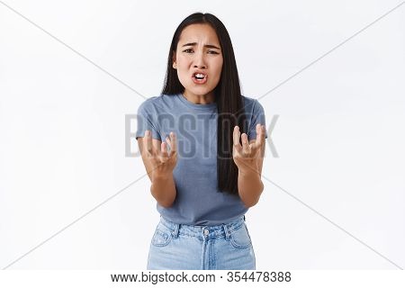 Attractive Asian Girlfriend Breaking Up As Feeling Tired And Fed Up Of Lies, Shaking Hands Frustrate