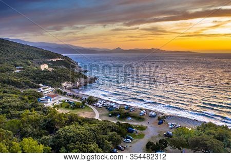 Aerial View Of Detail Of Campsite On Corsican Coast Of Cap Corse Near Farinol. Corsica, France.