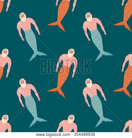 Merman Flat Art Funny Cartoon Doodle Seamless Pattern, Vector