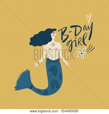 Cartoon Color Card With Cute Flat Cartoon Sea Mermaid Or Serena Illustration. Perfect For Invitation