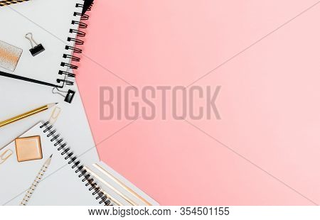 Mockup Planner Flat Lay, Top Horizontal View Pink Background. Notepad And Notebooks With Stationary.