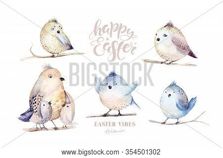 Watercolor Happt Easter Nest With Bird Eggs With Branch And Feather. Spring Hand Drawn Illustration.
