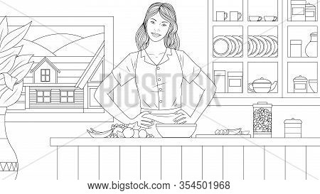 Vector Illustration Of A Beautiful Girl Preparing Food In The Kitchen, Coloring Book For Knigi