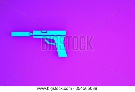 Blue Pistol Or Gun With Silencer Icon Isolated On Purple Background. Minimalism Concept. 3d Illustra