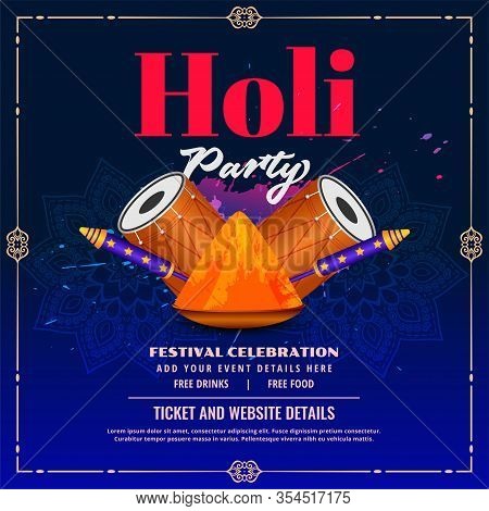 Happy Holi Party Flyer With Pichkari And Dhol