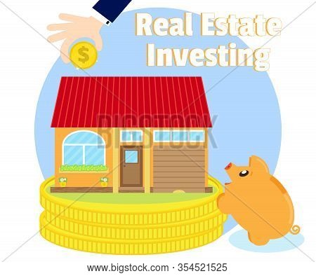 Investments In Real Estate. Purchase Of Beautiful House. Businessman's Hand With A Gold Coin. Pig Pi