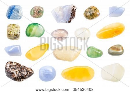 Set Of Various Agate Gemstones Isolated On White Background