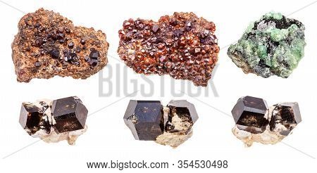Set Of Various Andradite Garnet Crystals Isolated On White Background