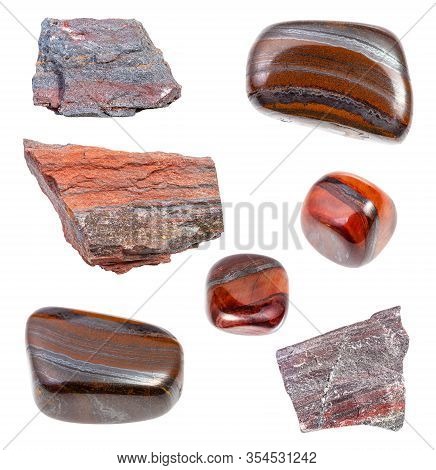 Set Of Various Jaspilite Rocks Isolated On White Background