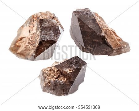 Set Of Smoky Quartz Morion Crystals Isolated On White Background