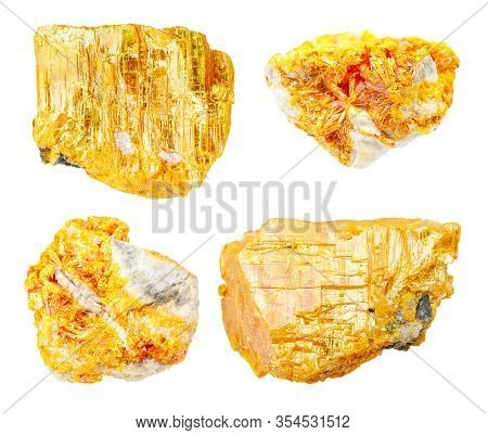 Set Of Various Orpiment Crystals Isolated On White Background