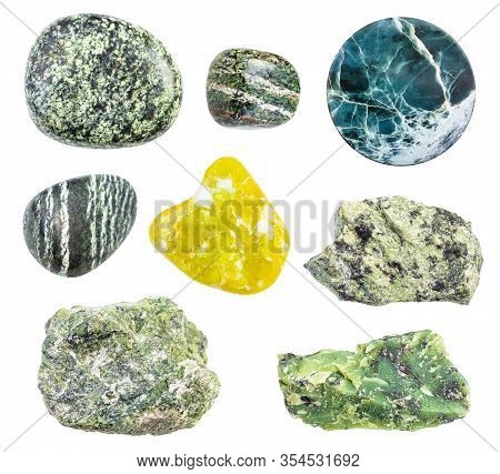 Set Of Various Serpentine And Serpentinite Gemstones Isolated On White Background