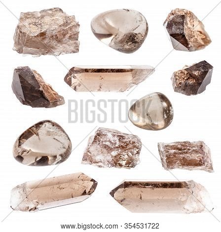 Set Of Various Smoky Quartz Gemstones Isolated On White Background