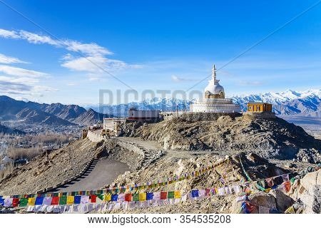 Shanti Stupa On A Hilltop In Changpa, Leh District, Ladakh Region, Jammu And Kashmir State, Northern