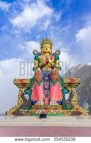 A Statue Of Maitreya Buddha At Diskit Monastery, Nubra Valley, Ladakh, Jammu And Kashmir, India. It 