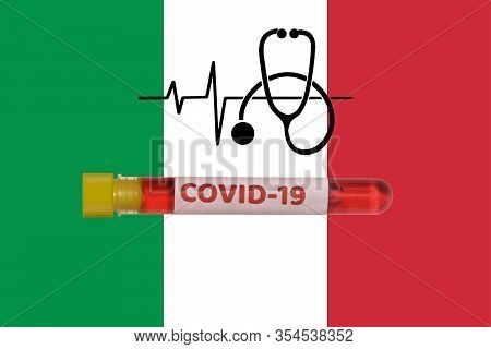 Italy Coronavirus Covid-19 World Outbreak Concept. Vacutainer Blood Tube With 2019-ncov Virus Positi