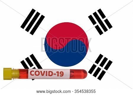 South Korea Coronavirus Covid-19 World Outbreak Concept. Vacutainer Blood Tube With 2019-ncov Virus 