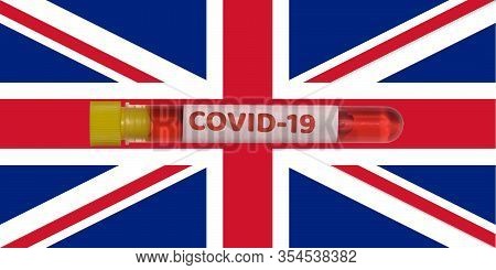 United Kingdom Coronavirus Covid-19 World Outbreak Concept. Vacutainer Blood Tube With 2019-ncov Vir