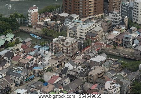 Tokyo, Japan - August 30, 2016: Aerial View Of Tokyo Residential Suburb With Residential And Commerc