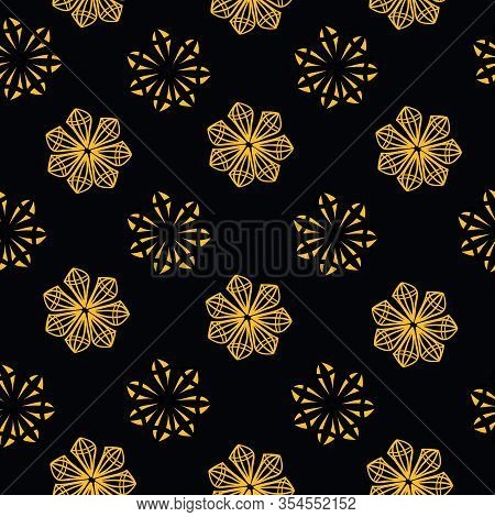 Gold Retro Twenties Stars Or Snowflakes On A Black Background. Luxurious Vector Art Deco Pattern.