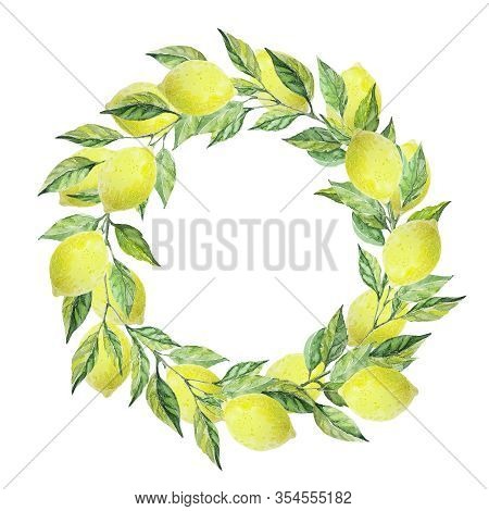 Wreath Of Leaves With Green Leaves And Yellow Lemons Lemon Fruit. Watercolor Hand Drawn Illustration