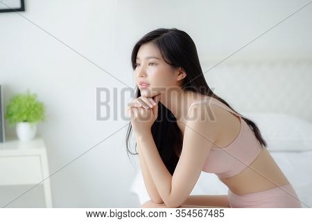 Beautiful Portrait Young Asian Woman Sexy In Underwear Figure Fit Relax With Seductive In Bedroom, B