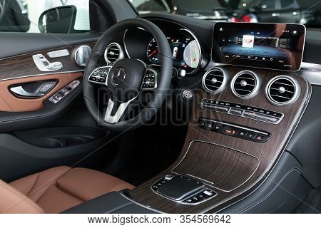 Novosibirsk, Russia - March 06, 2020:  Mercedes-benz  Glc-class, Luxury Car Interior - Steering Whee