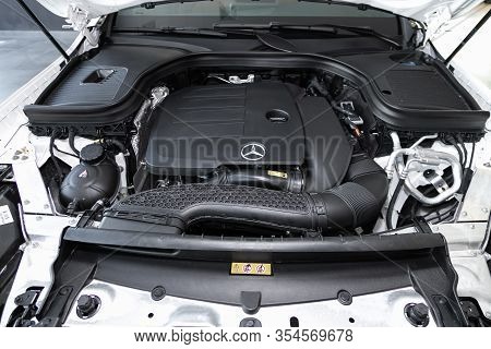 Novosibirsk, Russia - March 06, 2020:  Mercedes-benz  Glc-class,  Closeup Of A Clean Motor Block, . 