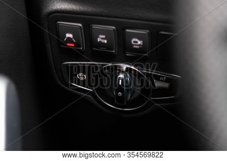 Novosibirsk, Russia - March 06, 2020:  Mercedes-benz X-class,  Close-up On The Headlight Switch Cont