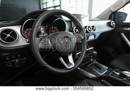 Novosibirsk, Russia - March 06, 2020:  Mercedes-benz X-class, Luxury Car Interior - Steering Wheel, 