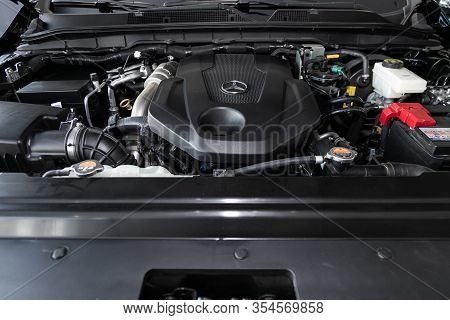 Novosibirsk, Russia - March 06, 2020:  Mercedes-benz X-class,  Closeup Of A Clean Motor Block, . Int