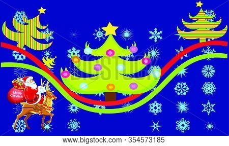 Santa With Animal Near To Christmas Tree On Snowflake Background
