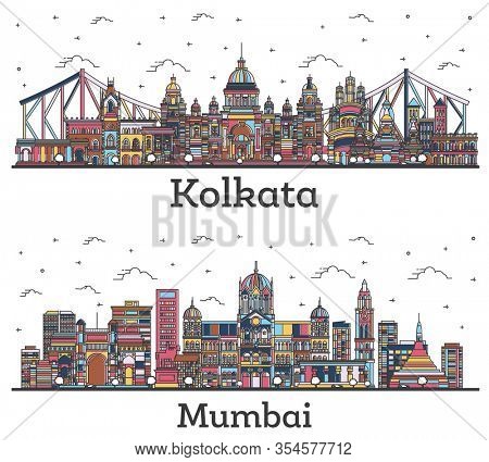 Outline Mumbai and Kolkata India City Skylines with Color Buildings Isolated on White. Cityscapes with Landmarks.
