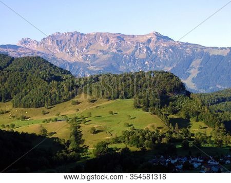 Picturesque Pastures, Mixed Forests And Alpine Peaks Over The Rhine River Valley - Balzers, Liechten