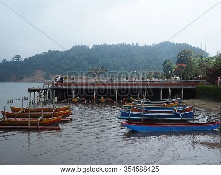 Tabanan Bali, Indonesia - August 24, 2019: Kanoo Boats For Rent At Beratan Lake In Bedugul Bali