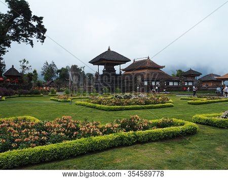 Tabanan Bali, Indonesia - August 24, 2019: Garden Landscape Of Beratan Lake In Bedugul Bali.