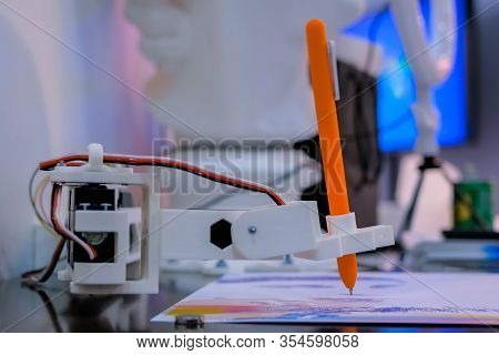 Future, Art, Sci-fi, Automated Technology Equipment Concept. Programmed Robotic White Manipulator Ar