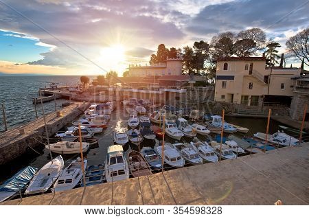 Town Of Lovran Waterfront And Harbor Sunset View, Opatija Riviera Of Croatia