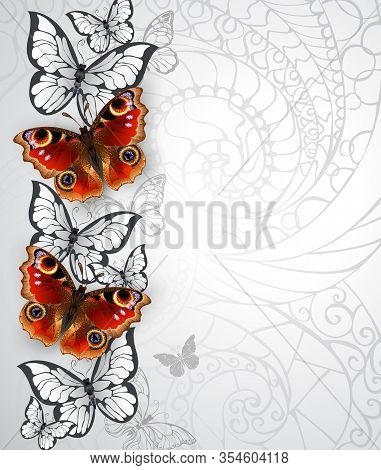 Design With Realistic, Textured Peacock Eye Butterflies And White Butterflies On Gray Textured Backg