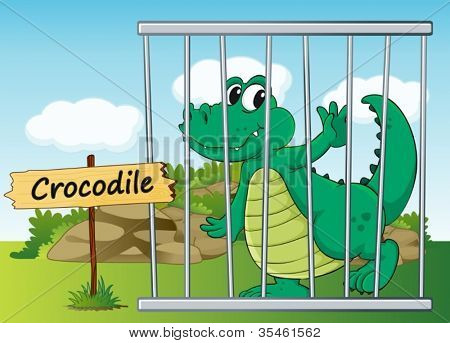 Abbildung eines Krokodils im Käfig und Holzbrett