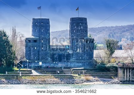 Erpel, Germany - March 27, 2016:\\nruin The Ludendorff Bridge At Erpel Am Rhein In Germany.towers Of