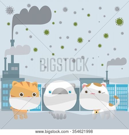 Cat In Masks Because Of Fine Dust Pm 2.5, Covid-19, Corona Virus, Animal Wearing Mask Against Smog. 