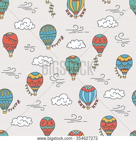 Hot Air Balloons And Clouds. Color Hand Drawn Seamless Pattern. Vector Illustration In Doodle Style