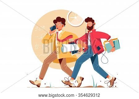 Businessmen Go To Work, Late Person Using Smartphone. Managers Holding Business Equipment Running Ag