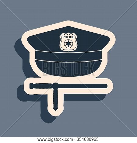 Black Police Cap And Rubber Baton Icon Isolated On Grey Background. Security Truncheons. Police Stic