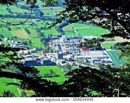 View Of The Industrial Zone In The Balzers Settlement And The Fertile Lowland Fields Of The Rhine Va